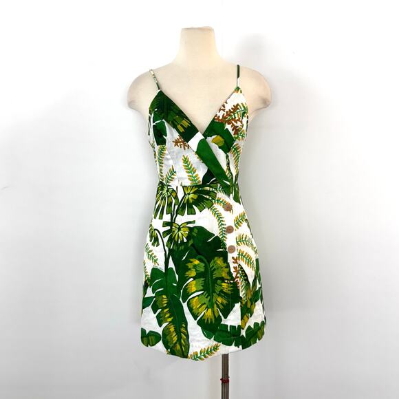 Farm Rio Tropical Forest Linen Mini Dress Off-White Green S - Picture 2 of 16